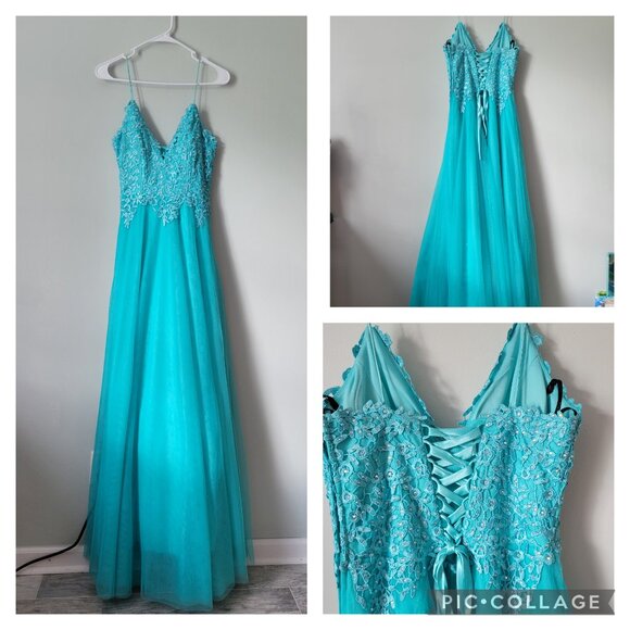 Say Yes To The Prom Dress Women's 7 Teal Tulle Formal Pageant Rhinestone NWOT - Picture 1 of 16